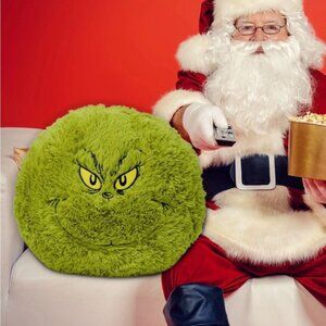 Grinch 16 Inch Furry Round Pillow with Embroidered Face